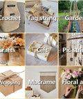 Collage showcasing uses of 600 Feet Natural Jute Twine String for crafts, gardening, gift wrapping, crochet, and macrame decor.