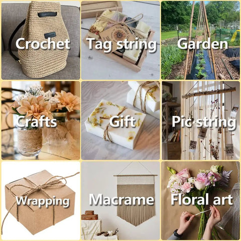 Collage showcasing uses of 600 Feet Natural Jute Twine String for crafts, gardening, gift wrapping, crochet, and macrame decor.