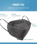 KN95 Face Masks 100 Pack Black 5 Layer Breathable Protection For Adults Indoor Outdoor Use All Day Comfort with dimensions.