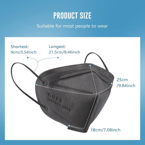 KN95 Face Masks 100 Pack Black 5 Layer Breathable Protection For Adults Indoor Outdoor Use All Day Comfort with dimensions.