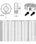 Technical diagram and specs for Pack Of 4 Aluminum Shaft Collars 6mm Bore, One Piece Clamp Style, 20mm Outer Diameter, 8mm Thick, M4 Set Screws.