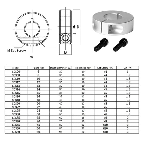 Technical diagram and specs for Pack Of 4 Aluminum Shaft Collars 6mm Bore, One Piece Clamp Style, 20mm Outer Diameter, 8mm Thick, M4 Set Screws.