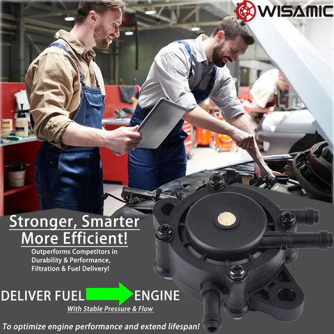 Universal Gas Vacuum Fuel Pump With Filter and Oil Hose in use by mechanics in a workshop, compatible with 17HP to 25HP engines.