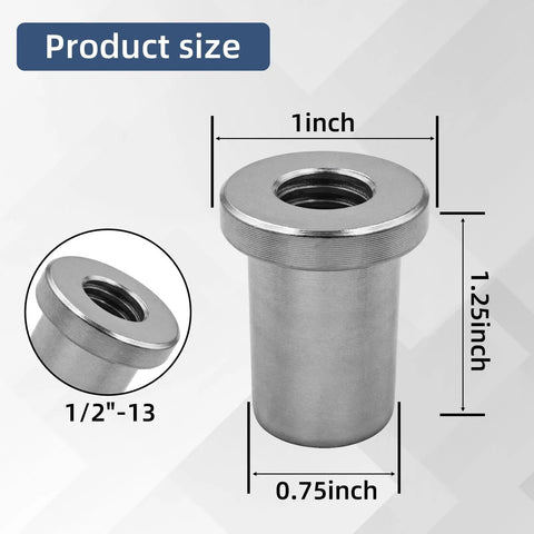 Heavy Duty Half Inch X 13 Stepped Female Weld On Nuts With Extended Threads And Low Carbon Steel Chassis Tabs dimensions showing 1 inch outer diameter.