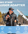 Person using Two Stage Drill Adapter Replacement For NDA3 Auger Adapter with ice auger beneath text and feature icons