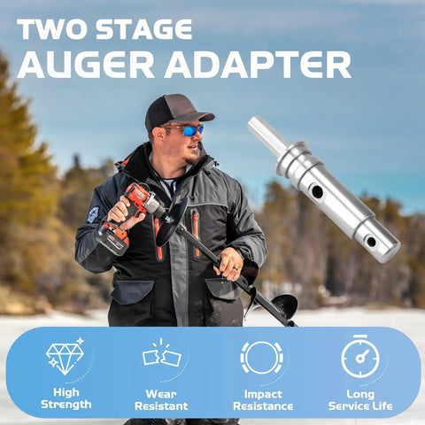 Person using Two Stage Drill Adapter Replacement For NDA3 Auger Adapter with ice auger beneath text and feature icons