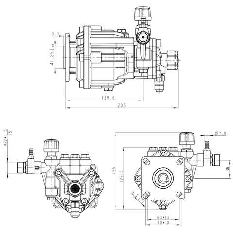 Technical drawing of the Beefed Up Axial Cam Replacement Pump For Residential Pressure Washers 2800 PSI At Three GPM Three Quarters Inch.