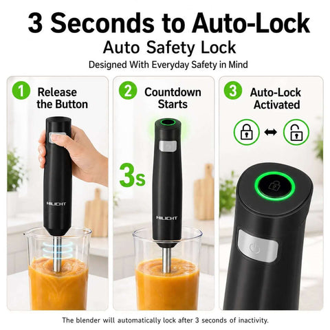 Game Changing Cordless Stick Blender With 12V Brushless Motor And Pressure Sensitive Variable Speed showing auto safety lock feature.