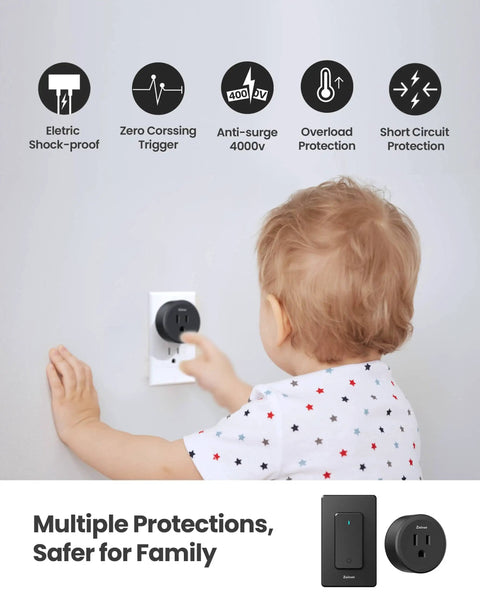 Child touching outlet beside Removable Buckle Remote Outlet Switch Wall Mount Or Portable 300 Ft Range 1500W On Off Power