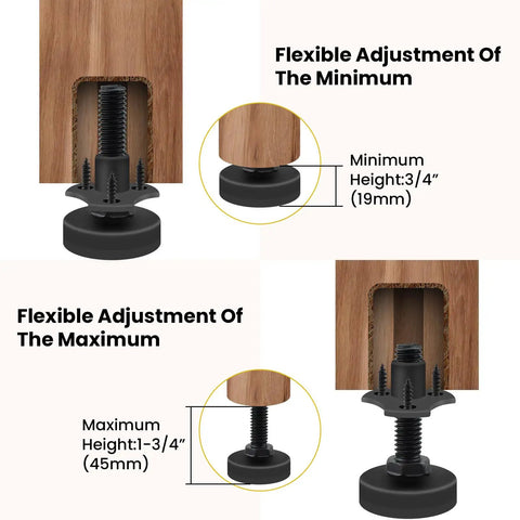 Adjustable Leveling Feet Set 4 Pack Three Eighths Inch 16 Threaded Heavy Duty Beefy Leg Levelers With T Nut Kit Large Base Furniture Levelers Support Up To 1320 Lbs For Tables Cabinets Chairs Workbenches Sofas And More showing minimum and maximum height adjustment with wood panels