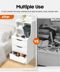 Comparison of a room before and after using the Vertical Bedside Cabinet With Three Drawers And Open Storage Shelf Nightstand in white