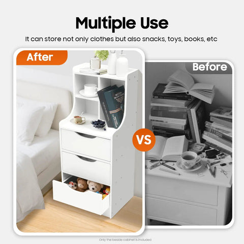 Comparison of a room before and after using the Vertical Bedside Cabinet With Three Drawers And Open Storage Shelf Nightstand in white