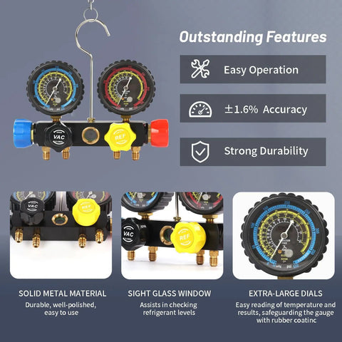Pro Grade Vacuum Pump And Gauge Set With 4 Way Aluminum Manifold Leak Detector And PVC Storage Case For AC Maintenance Four Point Five CFM Pump Compatible With R22 R134A And R410A Refrigerants displaying easy operation, accuracy, and durability features.