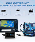 Pro Power Kit: 12V 10Ah lithium battery with charger shown beside a Lowrance fish finder and a camo NOCQUA bag.