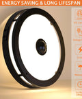 Outdoor Motion Sensor LED Ceiling Light Flush Mount 12 Inch Dusk To Dawn Exterior Black Fixture showing side view and energy-saving features display