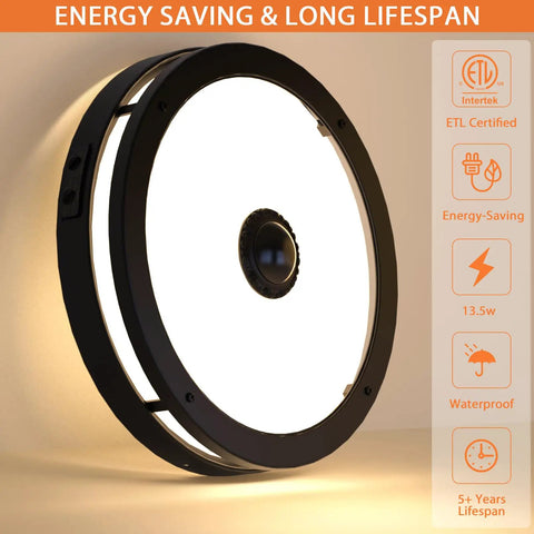 Outdoor Motion Sensor LED Ceiling Light Flush Mount 12 Inch Dusk To Dawn Exterior Black Fixture showing side view and energy-saving features display