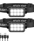 Rechargeable Headlamp Flashlight Two Pack 8 LED 2500 Lumen Ultra Light Bright Headlight with motion sensor and USB-C cables