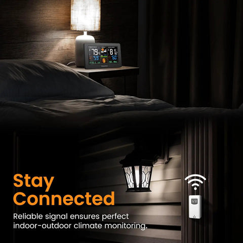 Must Have Wireless Weather Station With Color LCD Display Indoor Outdoor Thermometer Atomic Clock on bedside table