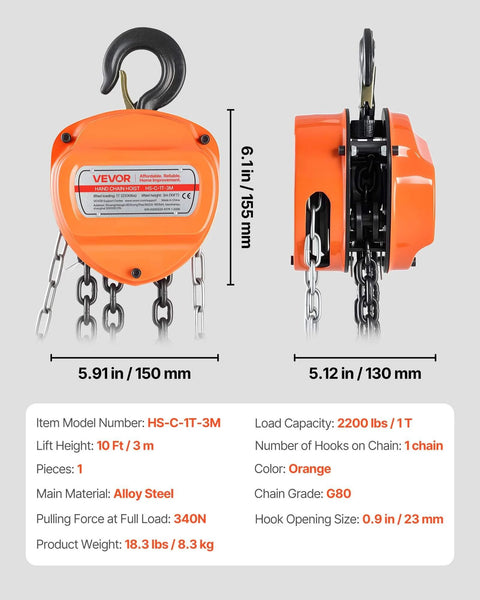 Front and side view of 1 Ton Hand Chain Hoist With 10 Ft Lift Galvanized G80 Chain Heavy Duty Manual Pulley Hoist For Garage And Warehouse.