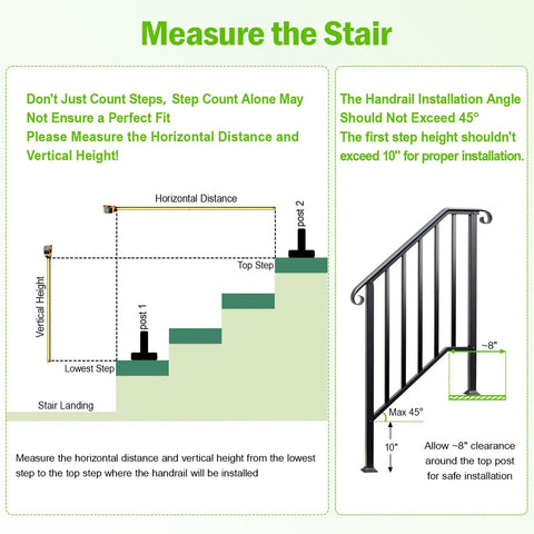 Hella Secure 2 Pack Outdoor Stair Handrails For 2 To 3 Steps Rock Solid Galvanized Metal Porch Railing installation measuring guide