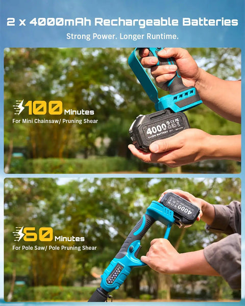 Two 4000mAh batteries displaying usage time for 4 In 1 Pole Saw And Pruning Shears Kit For Tree Trimming Battery Powered Mini Chainsaw