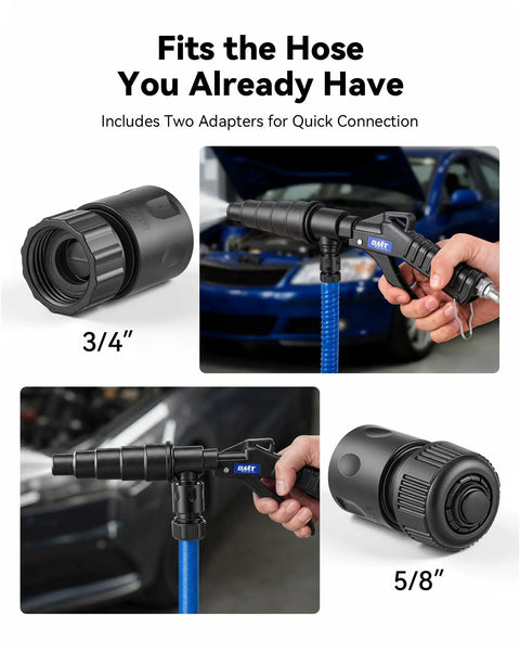 Premium Heavy Duty Coolant Flush Gun Radiator Cleaning Kit with adapters for 0.75 to 1.57 inch hoses, showing nozzle and connections.