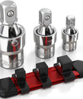 Universal Joint Set For One Half Inch, Three Eighths Inch, And One Quarter Inch Drive with aluminum rail and adapters