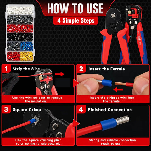 Premium Ferrule Crimping Tool Kit With Square Die Pliers And Auto Wire Stripper, 2000 Piece Connector Set In 8 Sizes For 0.5 To 10mm² Electrical Wires, Ultimate Gigga Gear For Electricians And DIY Gurus used for wire stripping and square crimping ferrules