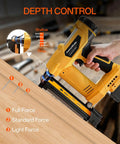 Premium Three In One Cordless Brad Nailer featuring depth control settings on wood for precise carpentry tasks.