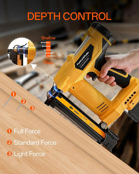 Premium Three In One Cordless Brad Nailer featuring depth control settings on wood for precise carpentry tasks.