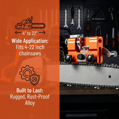 Portable Chainsaw Sharpener Manual Sharpening Tool With Seven Sharpening Stones, shown attached to a chainsaw bar, for 4 to 22 inch chainsaws.