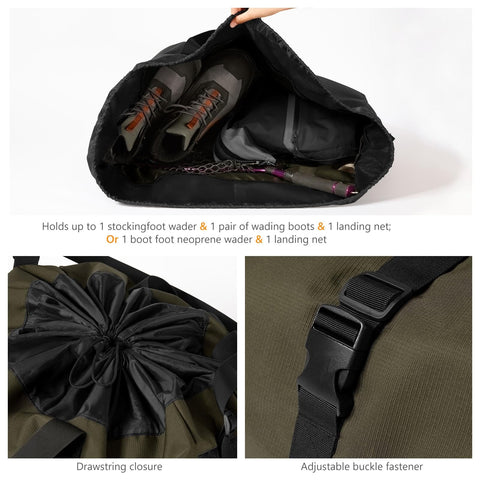 Interior view of Wader Bag Foldable with Changing Mat, showing storage capacity; includes boots and gear. Adjustable strap and buckle detail.