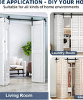 52 Inch Barn Door Track Sliding Kit With Side Mounted Black Rollers For Bifold Doors Up To 400 Lbs installed in home settings.