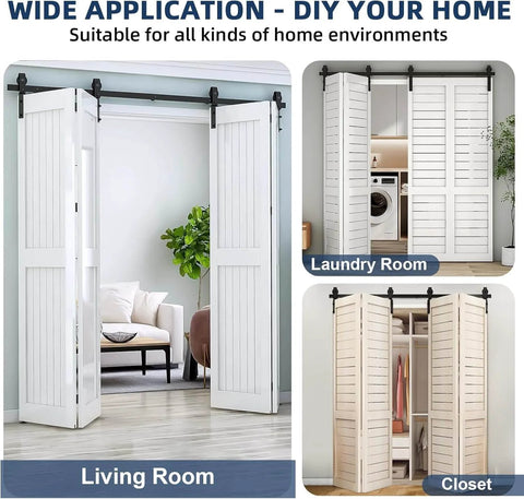52 Inch Barn Door Track Sliding Kit With Side Mounted Black Rollers For Bifold Doors Up To 400 Lbs installed in home settings.