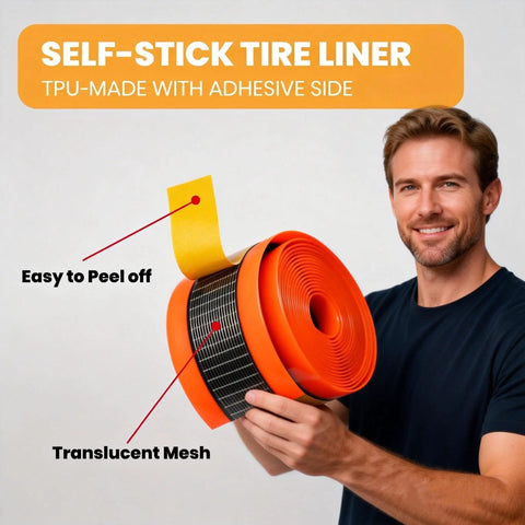Man holding Self Adhesive Bike Tire Liners TPU Material With Translucent Mesh Orange Lightweight for Mountain and Road Bikes