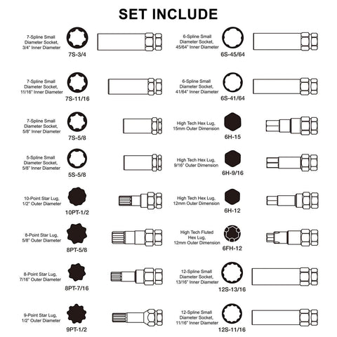 Diagram of 16 Piece Locking Lug Nut Master Key Set With Spline Star And Hex Keys Wheel Lock Removal Kit specifications.