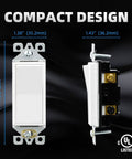 Front and side view of a Three Way Decorator Light Switch 15 Amp 120 To 277 Volt AC Easy Install Rocker Paddle Self Grounding Residential And Commercial Grade UL Listed Replacement Wall Switch Glossy White Pack Of 10 with measurements.