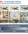 52 Inch Ceiling Fan With Lights Black Flush Mount Remote Control 6 Speeds DC Reversible Dimmable Noiseless Low Profile Bedroom Fan With Double Sided Black Walnut Blades showcasing customizable lighting options.