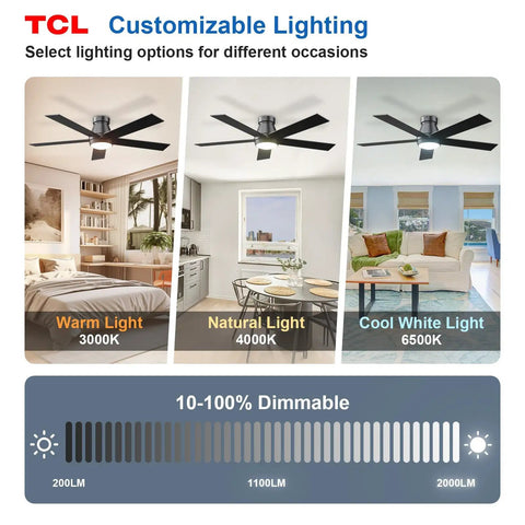 52 Inch Ceiling Fan With Lights Black Flush Mount Remote Control 6 Speeds DC Reversible Dimmable Noiseless Low Profile Bedroom Fan With Double Sided Black Walnut Blades showcasing customizable lighting options.