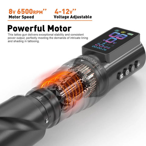 Cordless Tattoo Gun With 2300mAh Battery showing smart display and internal motor components, lightweight aluminum frame.