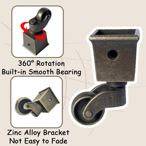 Set Of Four Antique Polished Square Tapered Cup Casters With Ultra Slick Rolling One Inch Wheels For Easy Furniture Hauling And Nifty Home Improvement Projects with 360° rotation.