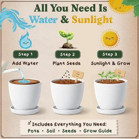 Indoor Outdoor Herb Garden Starter Kit With 10 Planter Pots Trays Coco Coir Discs 10 Plant Markers And 10 Premium Herb Seeds Non GMO USDA Certified Easy Grow Kit For Beginners A Cool Gift For Gardeners And Plant Lovers with illustration of planting steps.