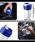 Kickass Dual Purpose Car Cup Holder That Locks Your Stash In Bone Hot Or Ice Cold Temps Zero Hassle 2 In 1 Portable Beverage Heater Chiller For Cruising And City Driving, shown in a car with a hand holding it.