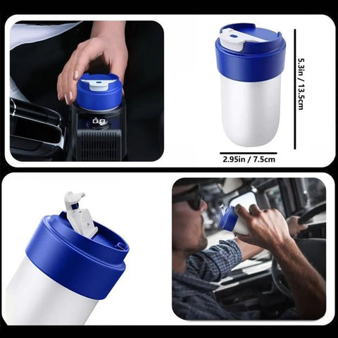 Kickass Dual Purpose Car Cup Holder That Locks Your Stash In Bone Hot Or Ice Cold Temps Zero Hassle 2 In 1 Portable Beverage Heater Chiller For Cruising And City Driving, shown in a car with a hand holding it.