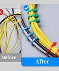 Multicolor 1200 Piece Zip Ties Set With 12 Colors for organizing cables in before and after comparison with self-locking ties
