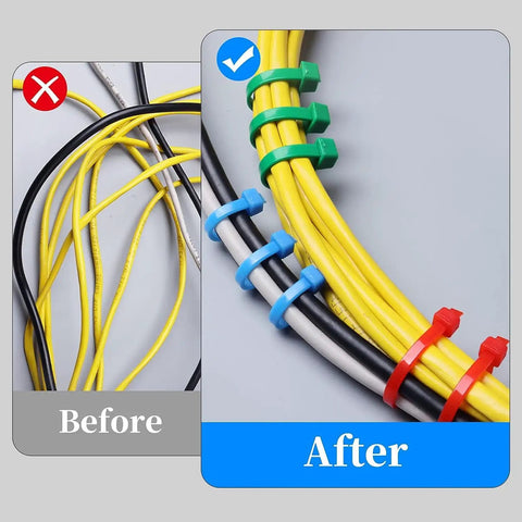 Multicolor 1200 Piece Zip Ties Set With 12 Colors for organizing cables in before and after comparison with self-locking ties