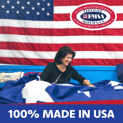 Worker sewing Premium 5x8 American Flag Built Tough For All Weather Outdoors Heavy Duty PolyMax Polyester With Sewn Stripes And Embroidered Stars Made In USA.