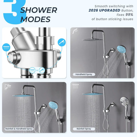 Dual Shower Head System With 8 Inch Rain Shower Head And Handheld Showerhead in use, chrome finish, adjustable height