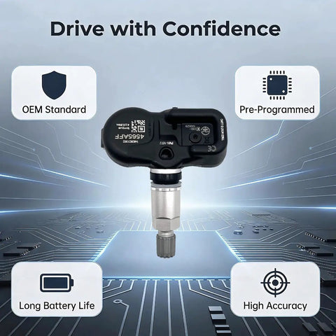 Premium Heavy Duty TPMS Tire Pressure Sensor For Toyota Camry Corolla Highlander 315Mhz showing pre-programmed features.