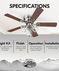 42 Inch Brushed Nickel Ceiling Fan With LED Light Kit Quiet Indoor Cooling For Rooms Up To 350 Sq Ft 3 Speeds 5 Reversible Blades